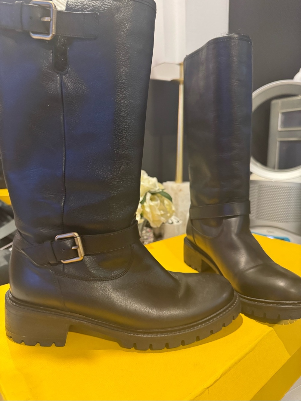 Black Fendi Fur lined,  Leather Mid-Calf Riding Boots with Buckle size 39